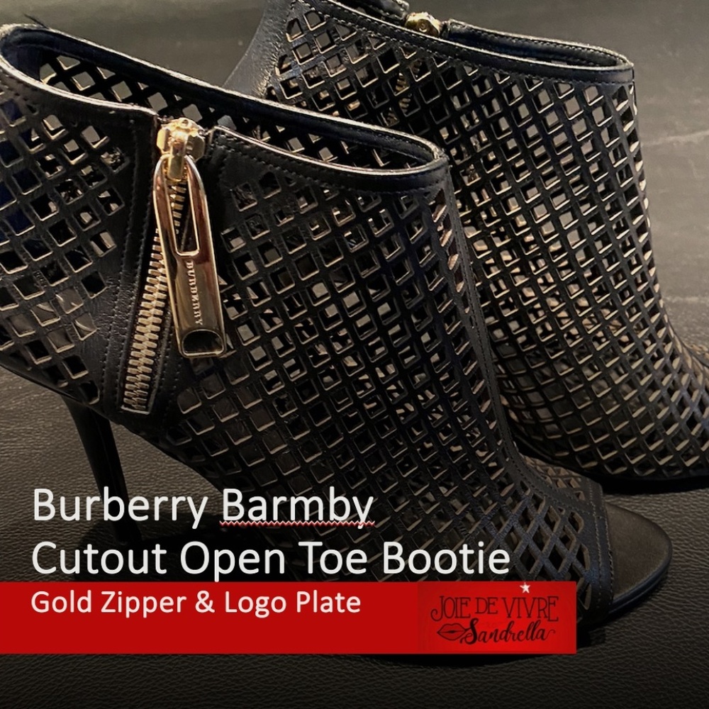 Burberry Barmby Cutout Open Toe Bootie with Gold Side Zipper & Logo Plate